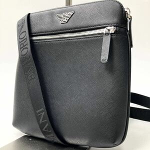 ほぼ未使用品 ◎EMPORIO ARMANI/エンポリオアルマーニ ショルダーバッグ サコッシュ 斜め掛け メッセンジャー レザー 黒 ビジネス メンズ