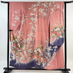 振袖 身丈155.5cm 裄丈62.5cm S 袷 花籠 枝垂れ桜 ぼかし ピンク 正絹 秀品 【中古】