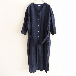 【定価2.6万】コムアーチ comm.arch. *no collar long shirt ワンピース*麻綿混ネイビー羽織り紺(1-2405-211)【31F42】