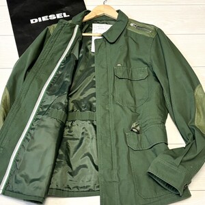 美品/Lサイズ●ディーゼル DIESEL フィールドジャケット ミリタリー ブルゾン エルボーパッチ グリーン 緑 羊革 ラムレザー メンズ