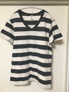 ◆【人気】VELVA SHEEN ベルバシーン/ ボーダーＶネックポケットTシャツ OFF-WHITE×CHARCOAL S