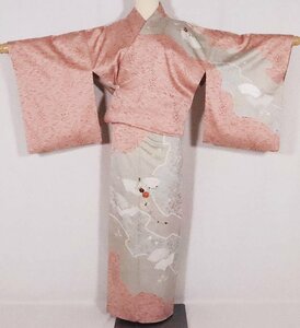 訪問着 正絹 オーク 緑 グリーン 絞り扇 刺繍菊 草花 身丈164cm 裄丈67cm Lサイズ ki26176 美品 着物 レディース 入学式 卒業式 送料無料