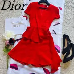 【美品】Christian Dior カシュクールドレス レッド リボン フレア