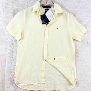 1円 新品未使用タグ付き M~L トミーヒルフィガー TOMMY HILFIGER 半袖シャツ リネン100% 麻 刺繍ロゴ オープンカラー メンズ イエロー