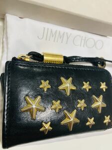 ★JIMMY CHOO スタースタッズ L字 ファスナー コインケース ブラック 星型 カードケース イエローゴールド　CST728