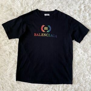 美品★Lサイズ/BALENCIAGA DEMNA GVASALIA デムナ ヴァザリア バレンシアガ BB ロゴ 刺繍 Tシャツ レインボー 虹 ブラック 19ss レディース