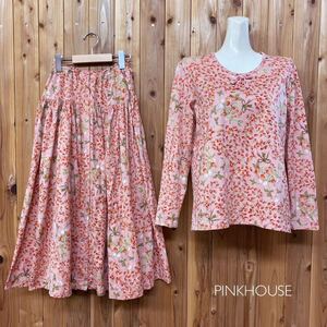 PINKHOUSE ＊ ピンクハウス いちご柄 上下セット 総柄 セットアップ ロングシャツ/フレアロングスカート 花柄 苺デザイン ピンク