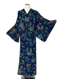 小紋 単衣 単衣着物 紬 着物 きもの カジュアル着物 リサイクル着物 kimono 中古 青 ブルー 仕立て上がり 身丈164cm 裄丈64cm