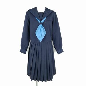 1円 セーラー服 スカート スカーフ 上下3点セット 冬物 青3本線 女子 学生服 千葉柏南高校 紺 制服 中古 ランクC NA7060