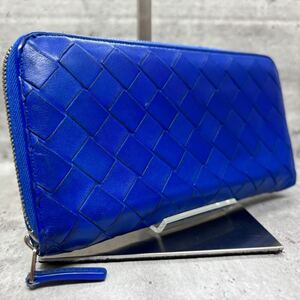 【美品】RFID BOTTEGA VENETA 長財布 ラウンドファスナー マキシイントレチャート レザー ビジネス メンズ バイカラー ブルー 青 黄色