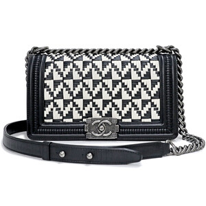 （中古）シャネル CHANEL ボーイシャネル チェーン ショルダーバッグ レザー 編み込み バイカラー ブラック ホワイト 黒 白 A67086