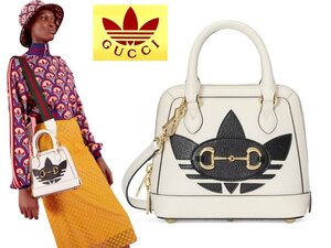 40万新品◆グッチ GUCCI×adidas ホースビット×トレフォイルロゴ 3wayレザーミニショルダーバッグ 白ホワイト 1円