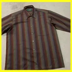 Vintage WoolShirt ストライプ 長袖 日本製 ツヤ感 ボルドーL