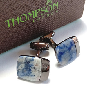 【tsc47】THOMPSON トンプソン　カフス　カフリンクス　ガンメタ×ブルー　黒/青/白　マーブル　ラピスラズリ　瑠璃　パワーストーン