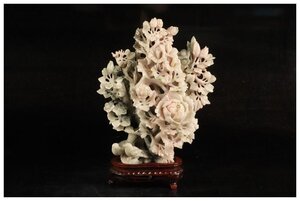 [URA]中国美術/玉石細密彫刻花鳥文置物/全長26.5cm/重量約1191g/5-12-81(検索)骨董/唐物/古玩/碧玉/彫刻/置物/沈香壷/飾