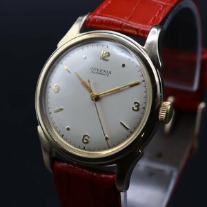 OH済 JUVENIA AUTOMATIC ジュべニア 自動巻き ゴールドカラー ラウンドケース 飛び数字 3針 スイス 新品ベルト アンティーク メンズ腕時計