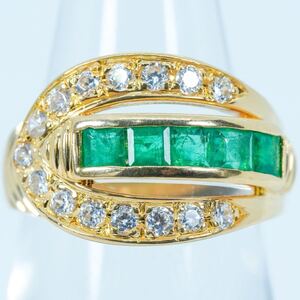 ★1円〜★K18YG 5.3g ♯9 鑑定付 天然エメラルド ダイヤモンド Natural Emerald Diamond 750 YellowGold イエローゴールド 金 Ring Jewelry