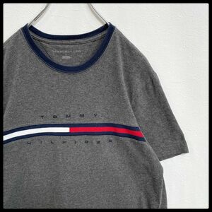 トミーヒルフィガー　リンガー　ビッグロゴ　刺繍　半袖Tシャツ　ミックスグレー　Mサイズ　TOMMY HILFIGER