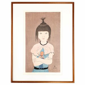 【SHIN】藤田嗣治 「人形を抱く少女」　木版画　1930年代中頃　版上サイン　額装　レオナール・フジタ