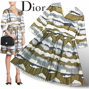 r143 Christian Dior ディオール ワンピース ストライプ ボーダー パッチワーク プリーツ ドレス 44 イタリア製 6C21616A1170 正規品