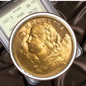 1927年 スイス 20フラン金貨 アルプスの少女ブレネリ 女神 ヘルベティア アンティークコイン PCGS 高鑑定 MS66 緑ラベル