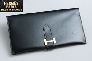 [133260]エルメス HERMES ベアン ボックスカーフ 二つ折り長財布 ◯X刻印 ブラック ゴールド金具◆サイフ/レザー/革/ユニセックス/うぶ品