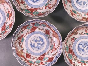 ∇花∇幕末～明治時代 伊万里 染錦桐鳳凰に山水図輪花皿五客 深皿 16cm E