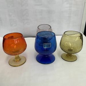 琉球ガラス　手作りガラス　気泡入　ワイングラス　沖縄　　未使用　保管品　ブランデーグラス 4客