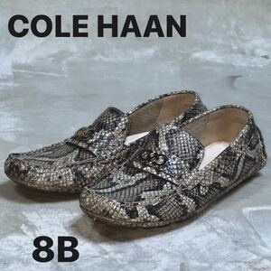 試着程度　コールハーン COLE HAAN 8B-25cmレザー アイボリー×グレーパイソン型押し加工/靴ゴールド金具ドライビングシューズ　ローファー