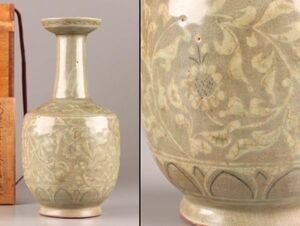 古美術 朝鮮古陶磁器 高麗青磁 白黒象嵌 花瓶 時代物 極上品 初だし品 C6631
