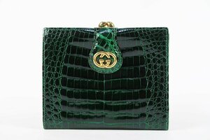 【超美品】GUCCI グッチ オールド クロコダイル GG 二つ折り財布 グリーン系 ブランド小物【PL46】