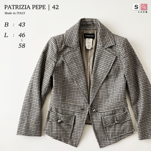 PATRIZIA PEPE 変形 グレン チェック 柄 テーラードジャケット 総柄 ショート丈 グレー ベージュ ウール ツイード パトリツィアペペ 7号 42