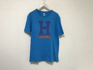 本物ハリウッドランチマーケットHRMコットンプリント半袖Tシャツメンズサーフアメカジミリタリービジネススーツ青ブルー3日本製L