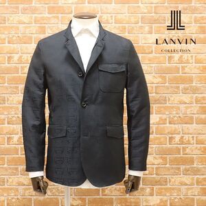 1円/秋冬/LANVIN COLLECTION/48サイズ/国産ジャケット 美艶 総ロゴ ノーパッド快適 スタンド襟 モード 個性 新品/紺/ネイビー/hb231/