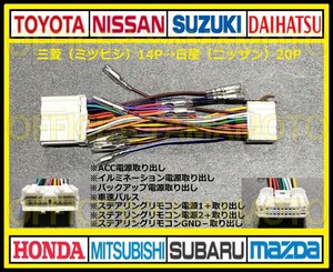 三菱(ミツビシ)14P→日産(ニッサン)20P変換ハーネス カプラ コネクタ ナビ オーディオ 車速パルス(センサー)eK クロス スペース ワゴン e