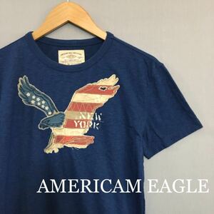 【美品】アメリカンイーグル AMERICAM EAGLE 半袖 Tシャツ ブルー ビッグロゴ アメリカ 星条旗 メンズ Sサイズ ビンテージ 風 ∬▽