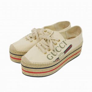 グッチ GUCCI シェリーライン ロゴ プラットフォーム エスパドリーユ シューズ スニーカー 38.5 白 ホワイト レディース