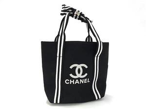 1円 ■美品■ CHANEL シャネル ココマーク ナイロン ハンドバッグ ミニトートバッグ レディース ブラック系×アイボリー系 BM5502