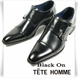 新品1円～★定価1.4万 Black On TETE HOMME テットオム アクションレザー ビジネスシューズ 25.5cm ブラック ダブルモンク 黒 ◆7812◆