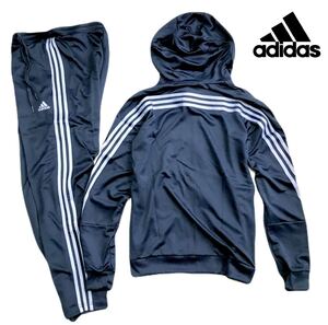 ☆004新品【メンズM】ネイビー adidas アディダス 上下セット セットアップ フーディ ジャージ パンツ 三本ライン ロゴ プリント