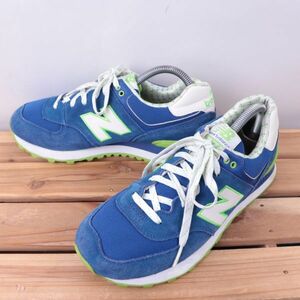 z2169【574】ニューバランス US8 1/2 25.5cm/青 ブルー 白 ホワイト 黄緑 キミドリ newbalance レディース スニーカー 中古