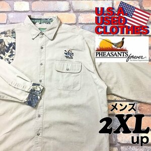 SD7-583★USA古着★BIGサイズ★【QUAIL UNLIMITED ウズラ無制限】リアルツリー切替 長袖 ハンティングシャツ【メンズ 2XL】ベージュ