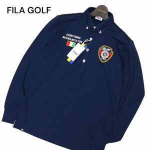 【新品 未使用】 FILA GOLF フィラ ゴルフ ロゴ刺繍 ワッペン 吸汗速乾 UVカット 長袖 チェック ポロシャツ Sz.M　メンズ 紺　C4T02213_3#D