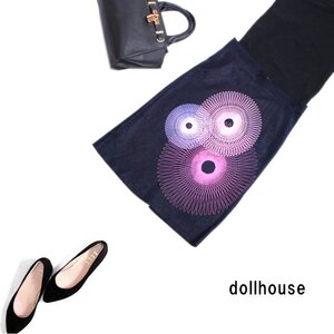 美品 dollhouse stretch ■ お洒落♪ 膝下丈 クリルグラフ フラワー 柄 タイト デニムスカート XS ネイビー 紺