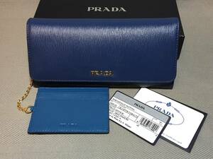 新品 本物 プラダ ロゴ レザー 二つ折り 長財布 PRADA 本革 ブルー 青 ゴールド