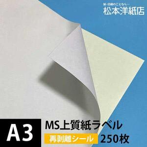 MS上質紙ラベル 再剥離 A3サイズ：250枚 ラベル シール 印刷 用紙 コピー用紙 コピー紙 白 名刺 表紙 おすすめ 印刷紙 印刷用紙 松本洋紙店