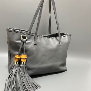 1円 GUCCI グッチ 354665 520981 バンブー レザー タッセル トートバッグ ハンドバッグ レディース グレー タッセルバンブー正規品本物