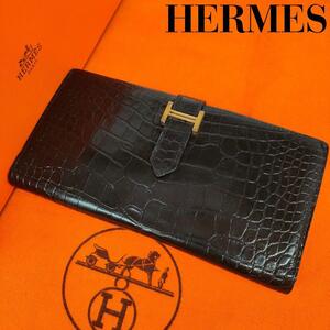 定価１３０万円超【極美品・最上級・唯一無二】エルメス HERMES ベアン アリゲーター クロコダイル 長財布 ゴールドＨ金具 ブラック メンズ