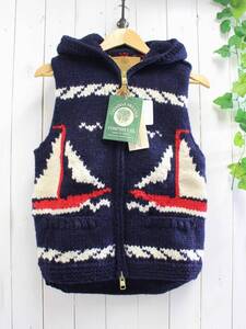 新品◆CANADIAN SWEATER カナディアンセーター◆カウチンセーター マリン ヨット柄 フード付き ジップ ニットベスト 32 定価48,000円