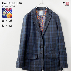 Paul Smith チェック 柄 ウール テーラードジャケット 紺 ネイビー 青 ブルー 春 秋 冬 カジュアル 総柄 ミドル丈 ポールスミス 40 9号